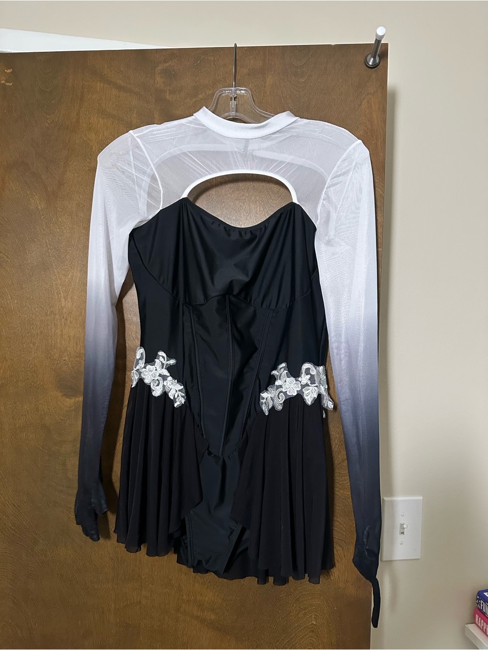 Black and White Long-Sleeve Performance Dress with Floral Applique